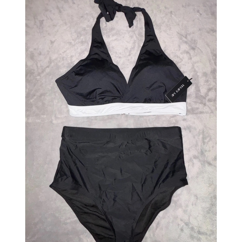 Tempt Me Swimsuit Halter Bikini Set Womens‎ Large Black White Beach High Waisted